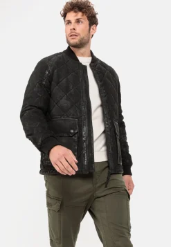 Leder-Steppjacke mit Strickkragen