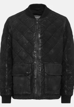 Leder-Steppjacke mit Strickkragen
